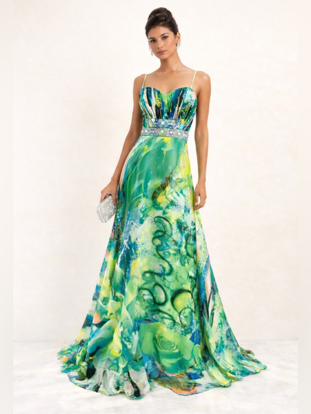 Tony Bowls Green Multicolor Printed Spaghetti-Strap Evening Gown